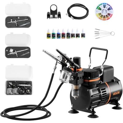 VEVOR Set Aerografo con Compressore d'Aria 1/6 HP, Spruzzatori a Doppia Azione con 3 Ugelli Tubo Flessibile Vernice Acrilica Ventole, Kit Aerografo per Decorazione di Pittura, Modelli VEVOR Set Aerografo con Compressore d'Aria 1/6 HP, Spruzzatori a Doppia Azione con 3 Ugelli Tubo Flessibile Vernice Acrilica Ventole, Kit Aerografo per Decorazione di Pittura, Modelli