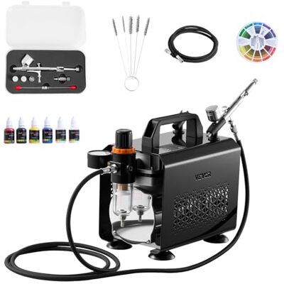 VEVOR Set Aerografo 1/6 HP con Compressore d'Aria, 1 Spruzzatore Aerografo a Doppia Azione con 3 Ugelli (0,2/0,3/0,5 mm) Flusso d'Aria 23 L/min, per Decorazione di Torte, Pittura di Modelli VEVOR Set Aerografo 1/6 HP con Compressore d'Aria, 1 Spruzzatore Aerografo a Doppia Azione con 3 Ugelli (0,2/0,3/0,5 mm) Flusso d'Aria 23 L/min, per Decorazione di Torte, Pittura di Modelli