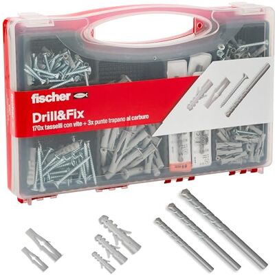 Fischer Valigetta Drill & Fix, 170 Tasselli con Vite + Punte per Trapano Muro Fischer Valigetta Drill & Fix, 170 Tasselli con Vite + Punte per Trapano Muro