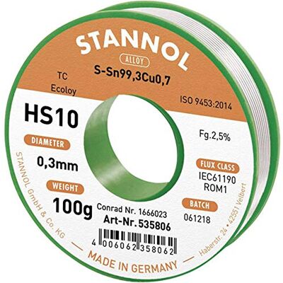 Stannol HS10 2,5% 0,3MM Sn99,3Cu0,7 - Filo saldante Stannol HS10 2,5% 0,3MM Sn99,3Cu0,7 - Filo saldante