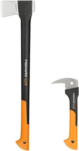 Fiskars Set Ascia, Ascia da Spacco con Fodero per la Lama e il Trasporto, 60 cm, Rivestimento Antiaderente, X17-M, 1.53 kg, Zappino Tiratronchi, 78.5 cm, Con Custodia, WoodXpert, XA22,