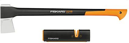 Fiskars Set Ascia, Ascia da Spacco con Fodero per la Lama e il Trasporto, 71 cm, Rivestimento Antiaderente, X21-L, 1,63 kg; Affilalama per Asce e Coltelli con Mola in Ceramica, Xsharp, 1019333