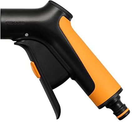 Fiskars Manico per Pistola da Irrigazione, Flusso Regolabile di Continuo, Con Regolatore Anteriore e Interruttore a Leva On/Off, Misura Universale, Nero/Arancione,