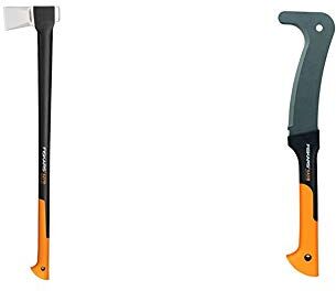 Fiskars 1015644 Ascia da Spacco X27, Lunghezza: 96 cm, XXL, Nero/Arancione & Roncola, Lunghezza: 50,5 cm, Rivestimento Antiaderente, Lama in Acciaio temprato/Manico in plastica Rinforzata