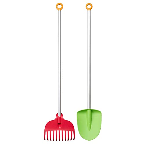 Fiskars Vanga e Rastrello per bambini, Set 2 in 1, Lunghezza: 88 cm, Teste in plastia rinforzata con fibra di vetro/Manici in alluminio, Verde/Arancione e Rosso/Arancione, MyFirst ,