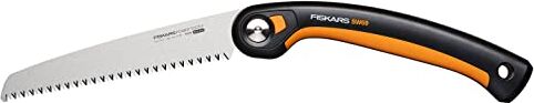 Fiskars Seghetto a Serramanico Plus, Per Rami e Tronchi Spessi, 3 Posizioni di Taglio, Lama Affilata Power Tooth, Denti Grossi, Lunghezza della Lama: 21 cm, Nero/Arancione, SW69,