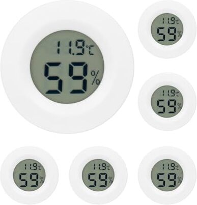 QWORK ® 6 pezzi Termometro e igrometro digitale per interni ed esterni mini rotondi, per soggiorno, uffici, serra, batterie non incluse