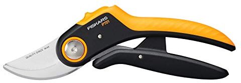 Fiskars Forbici da giardino con lame bypass, Plus PowerLever, P721, Per rami freschi e ramoscelli, Rivestimento antiaderente, Lame in acciaio inox, Lunghezza: 21 cm, Nero/Arancione,