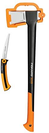 Fiskars Set di Attrezzi, Ascia da Spacco con Fodero per Lama e Trasporto, Acciaio/Plastica, Seghetto per Legno Fresco con Lama Retrattile in Acciaio Inossidabile, Nero/Arancione,