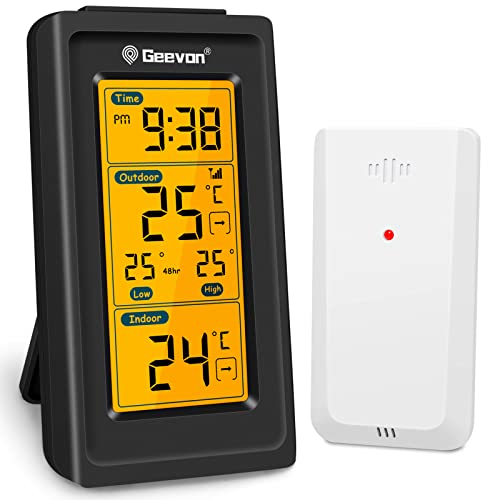 Geevon Termometro digitale per interni ed esterni, con display LCD retroilluminato Can Receive Signals da 1 trasmettitore, gamma 200ft/60 m, colore nero