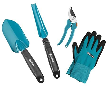 Gardena Equipaggiamento di Base : Kit per Giardino da 4 Pezzi, Forbici Universali, Stabile Trapiantatore, Estirpatore, Guanti da Giardino (8965-30)