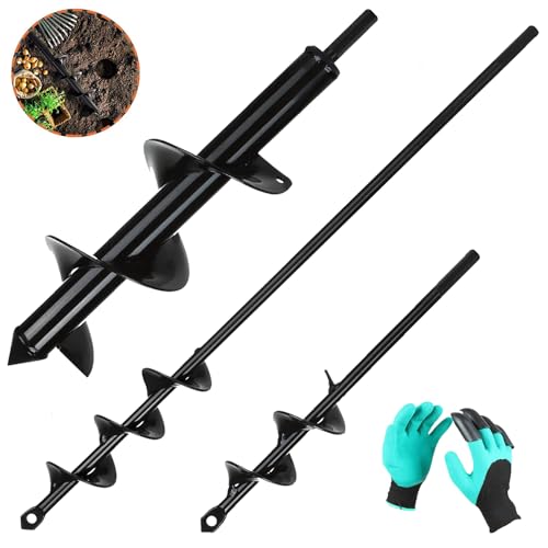 SENENQU Set di 3 punte da giardino per trapano, Ø 80 x 300 mm + Ø 40 mm x 420 mm + Ø 40 mm x 220 mm, punte da giardino in spirale con guanti da giardinaggio – Rapido creazione di fori – Strumento