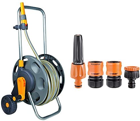 Hozelock Carrello Per Tubo Di Irrigazione Da 60 M Con Tubo Da 50 M & Claber 51359 Set Lance Diritte Con Raccordi, 1/2 Pollici, Nero/Arancione