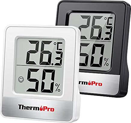 ThermoPro TP49 2 Pezzi Mini Igrometro Termometro Digitale Termoigrometro da Interno per Casa Monitor di Temperatura e umidità per Ambienti con Livello di Comfort, Bianco e Nero