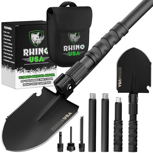 Rhino USA Pala Multifunzione Sopravvivenza con Piccone Super Resistente Pala Militare all Acciaio al Carbonio Pala Campeggio, Giardinaggio Spiaggia Sabbia Fango e Neve