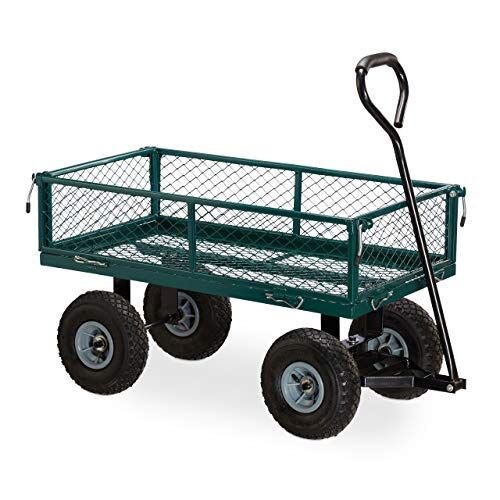 Relaxdays Carrello a Mano, Carretto Standard per il Giardino, da Esterno, Sponde Pieghevoli, max.150kg, Verde