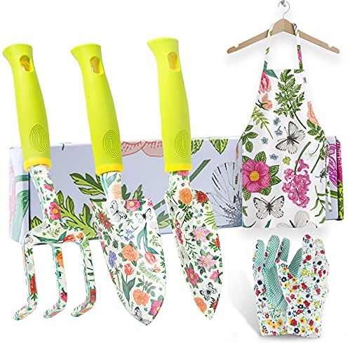 Stanew Attrezzi Giardino Dotati di Guanti da Giardino, Grembiule,Attrezzi da Giardinaggio in Alluminio Pala da Giardino con Stampa, Forniture da Giardinaggio per Donna