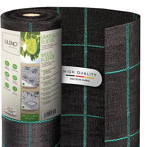 LILENO HOME Tessuto anti-erbacce 50 m² [100 g/m²] – pellicola per erbacce da giardino, permeabile all'acqua, resistente agli strappi, con griglia e resistente ai raggi UV [1 m x 50 m]