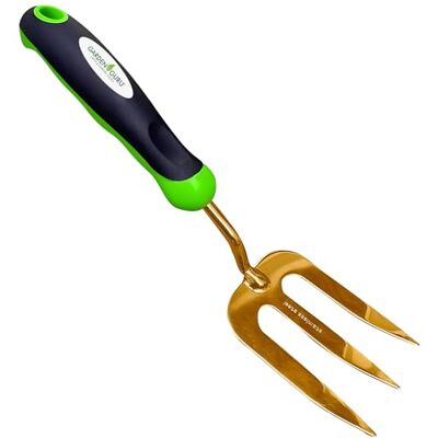 Garden Guru Lawn & Garden Tools Garden Guru Forchetta per diserbo manuale in titanio, resistente alla ruggine, in acciaio inox rivestito in titanio, manico ergonomico, ideale per piantare, spargere pacciame, diserbare, allentare e Garden Guru Lawn & Garden Tools Garden Guru Forchetta per diserbo manuale in titanio, resistente alla ruggine, in acciaio inox rivestito in titanio, manico ergonomico, ideale per piantare, spargere pacciame, diserbare, allentare e
