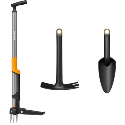 Fiskars Ergonomic Set Base da Giardino, 3 Pezzi, Estirpatore, Zappa e Paletta, per Diserbo, Lavorazione del Terreno e Piantagione, Nero/Arancione, Fiskars Ergonomic Set Base da Giardino, 3 Pezzi, Estirpatore, Zappa e Paletta, per Diserbo, Lavorazione del Terreno e Piantagione, Nero/Arancione,