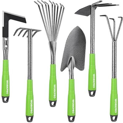 WORKPRO Set di 6 attrezzi da giardino con zappa a doppia estremità, artiglio a tre punte, rastrello a cinque denti, rastrello per foglie a nove denti, pala per terreno e gancio per erba, perfetto per WORKPRO Set di 6 attrezzi da giardino con zappa a doppia estremità, artiglio a tre punte, rastrello a cinque denti, rastrello per foglie a nove denti, pala per terreno e gancio per erba, perfetto per