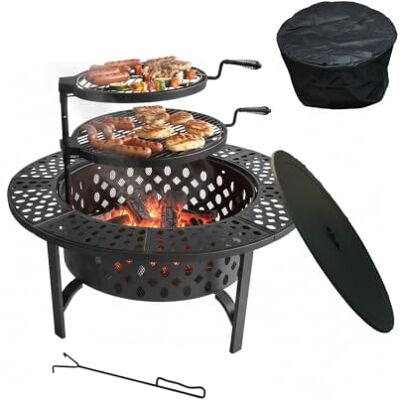 Relaxdays Braciere , Ø 92 cm, 2 griglie regolabili, coperchio, attizzatoio, copertura, per giardino, nero Relaxdays Braciere , Ø 92 cm, 2 griglie regolabili, coperchio, attizzatoio, copertura, per giardino, nero