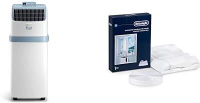 DeLonghi Pinguino Compact ES72 YOUNG, Condizionatore Portatile Silenzioso & Kit installazione finestra, 8.300 BTU/h, 2.1 kW, Funzione Deumidificatore, Timer 24 ore, Classe Energetica A, Bianco