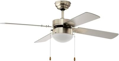 Eglo Ventilatore da soffitto Gelsina a quattro pale con interruttore a strappo, con luce e funzione estate/inverno, pale in fibra di legno MDF color argento, motore AC, Ø 106,6cm