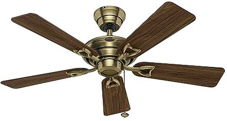 Hunter FAN Siviglia, 112 cm, Ventilatore da Soffitto per Interni con Catena a Strappo, Finitura in Ottone Antico, 5 Pale Reversibili in Noce e Rovere, Ideale per l'Estate e l'Inverno, Modello