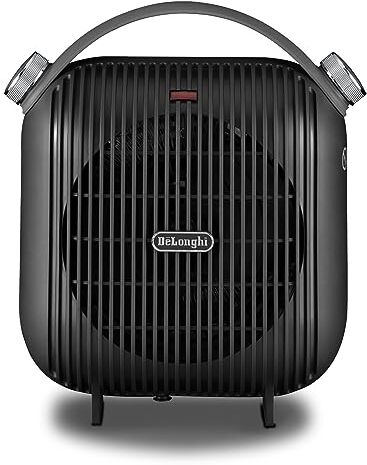 DeLonghi Termoventilatore da tavolo, 2 livelli di potenza, ventilazione estiva, protezione antigoccia, maniglia, sistema anti-ribaltamento, luce, protezione antigelo, leggero, Nero