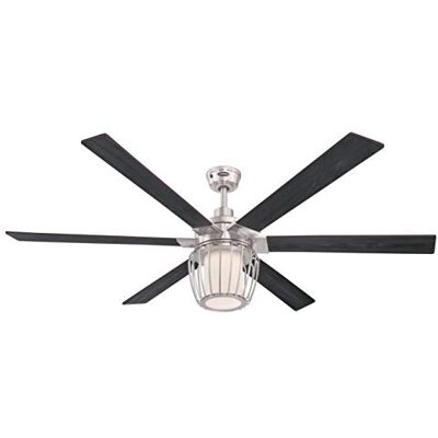 Westinghouse Ventilatore da soffitto in nichel spazzolato da 153 cm Lighting Willa con luce e telecomando, luce LED dimmerabile, vetro smerigliato, paralume a gabbia Westinghouse Ventilatore da soffitto in nichel spazzolato da 153 cm Lighting Willa con luce e telecomando, luce LED dimmerabile, vetro smerigliato, paralume a gabbia