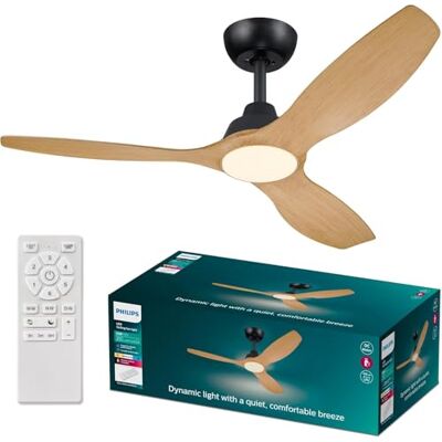 Philips Olas Ventilatore, 3 Pale, Luce LED 24W, Motore DC, 3 temperature di Colore (3000K-4300K-6500K), 132 cm, Dimmerabile, Nero, con telecomando Philips Olas Ventilatore, 3 Pale, Luce LED 24W, Motore DC, 3 temperature di Colore (3000K-4300K-6500K), 132 cm, Dimmerabile, Nero, con telecomando