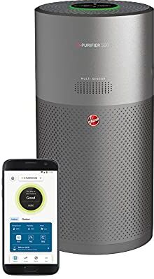 Hoover HHP55CA011 H-Purifier 500 Purificatore d'Aria con Filtro HEPA e Filtro ai Carboni Attivi per Allergeni e Pollini, Diffusore di Aromi con Azione Igienizzante, Smart, 110 mq, Titanio