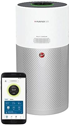 Hoover HHP50CA H-Purifier 500 Purificatore d'Aria con Filtro HEPA e Filtro ai Carboni Attivi per Allergeni e Pollini, Diffusore di Aromi con Azione Igienizzante, Smart, 110 mq, Bianco e Argento