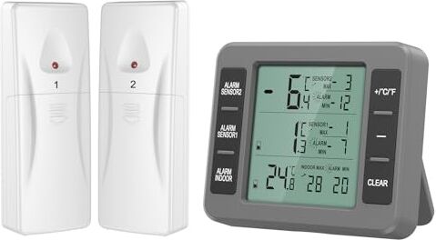 Ankilo Termometro per Frigorifero, Termometri per interni ed Esterni, Termometro per Congelatore con 2 Sensori Wireless, Adatto per Freezer, Cucina, Grigio