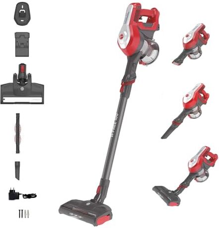 Hoover H-FREE 100 HF122RH 011 Scopa Elettrica Senza Fili, Senza Sacco, Ciclonico, Batteria 22V, Autonomia 40 Min, Argento/Rosso