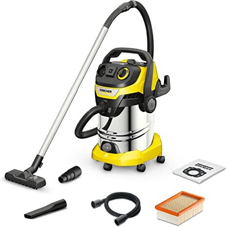 Kärcher WD 6 P S V-30/6/8/22/T Bidone Aspiratutto Solidi Liquidi, Aspirapolvere potente da 260AW, 1300W, con Sacco, Funzione Scuoti-filtro, Giallo/Nero