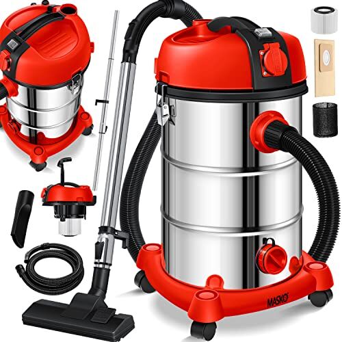 Masko ® Aspirapolvere Industriale, in Acciaio Inox, 2300 W + Presa di Corrente, aspirazione a Secco e a Umido, Funzione di soffiaggio, Push&Clean, con e Senza Sacchetto, Rosso