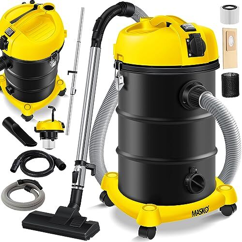 Masko ® Aspirapolvere industriale 6 in , 2300 W + presa ✓ Funzione soffiaggio ✓ Aspirazione a secco e a umido   Aspirapolvere industriale con e senza sacchetto, Giallo