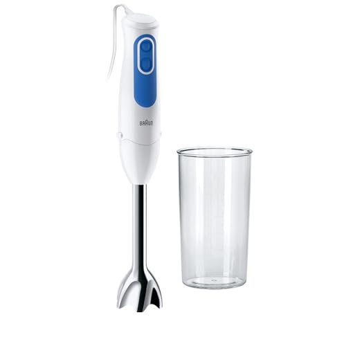 Braun Multiquick 3 Minipimer MQ 3000 Smoothie Plus Frullatore ad Immersione con asta in acciaio, Dotato di Bicchiere graduato 600ml, 2 Velocità, Tecnologia Splash Control, potenza 700 W, Bianco/Blu