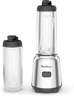 Moulinex Mix&Move Mini Frullatore Portatile, 2 bottiglie 600 ml, 300 W, Design Compatto, Lame Rimovibili, Frullatore Smoothie con Controllo Semplice, Argento, LM15FD