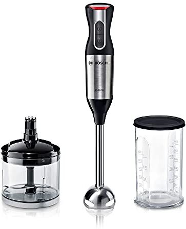 Bosch ErgoMixx Style Hand Blender Frullatore a Immersione Portatile in Acciaio Inox, 1000 W, 12 Impostazioni di Velocità, Lama a 4 Ali, Bicchiere Graduato, Tritatutto e Piede Mixer