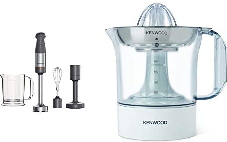 Kenwood Triblade XL HBM60.007GY Frullatore ad Immersione, Mixer, Asta in Acciaio Removibile, Dotato di Frusta a Filo, Grigio & JE290A Spremiagrumi Elettrico, Rotazione a Destra e Sinistra, Bianco