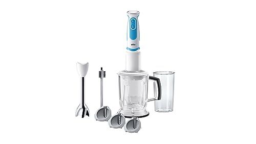 Braun Frullatore a immersione – MultiQuick 5 Vario Frullatore ad immersione con base in acciaio inox e taglierina a spirale, 1000 Watt, incl. set di accessori, bianco/blu