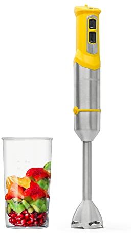 Mellerware Frullatore a Immersione multifunzione Spiro!   Potenza 1000 W   Velocità regolabile+TURBO   Minipimer 3in1   4 lame Sfalsate   Acciaio Inossidabile   Tritaghiaccio   Tazza 600ml   Giallo