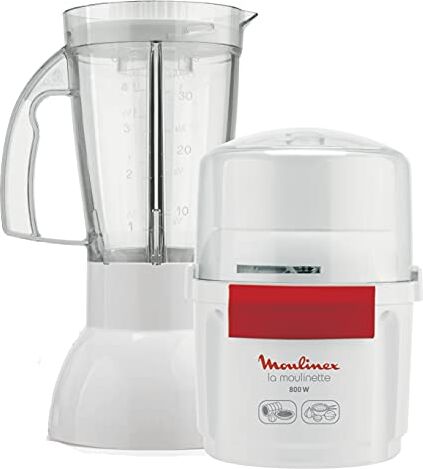 Moulinex Tritatutto e frullatore La Moulinette 800 W+ frullatore a doppia lama in acciaio inossidabile da 200 g e 750 ml 1-2-3 frutti bianco/rosso