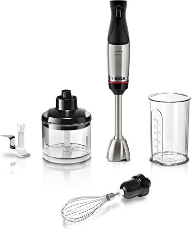 Bosch Frullatore a immersione ErgoMaster Serie 6, 1000 W, in acciaio inox, coltello da schiacciare, frusta, acciaio inox/nero