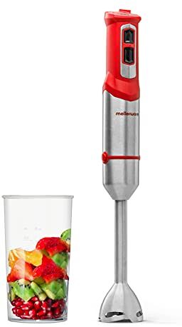 Mellerware Frullatore a Immersione multifunzione Spiro!   Potenza 1000 W   Velocità regolabile+TURBO   Minipimer 3in1   4 lame Sfalsate   Acciaio Inossidabile   Tritaghiaccio   Tazza 600ml   Rosso