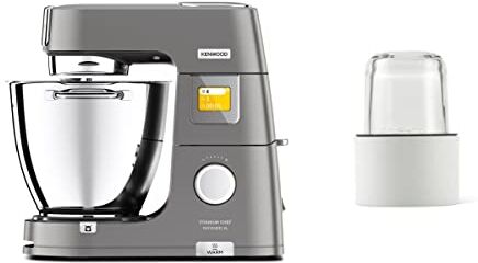 Kenwood Kwl90.034Si Impastatrice Planetaria Titanium Chef Patissier Xl Con Ciotola Easywarm Da 7L & At320A Tritatutto Per Impastatrice Planetaria, Vetro, Bianco