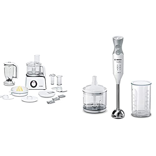 Bosch MCM4100 Robot da Cucina, 800 W, 1.21 Litri, Plastica, 2 velocità, Bianco & ErgomMixx Mixer a Immersione, Frullatore, 600 W, 70 Decibel, Plastica, 12 velocità, Bianco